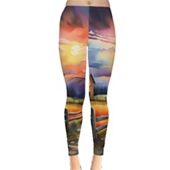 Rural Farm Fence Pathway Sunset Everyday Leggings 