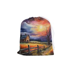 Rural Farm Fence Pathway Sunset Drawstring Pouch (Medium)