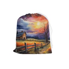 Rural Farm Fence Pathway Sunset Drawstring Pouch (Large)