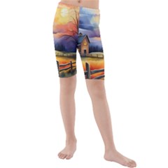 Rural Farm Fence Pathway Sunset Kids  Mid Length Swim Shorts