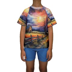 Rural Farm Fence Pathway Sunset Kids  Short Sleeve Swimwear