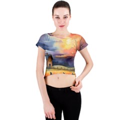 Rural Farm Fence Pathway Sunset Crew Neck Crop Top by Bedest