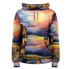 Rural Farm Fence Pathway Sunset Women s Pullover Hoodie