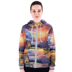 Rural Farm Fence Pathway Sunset Women s Zipper Hoodie