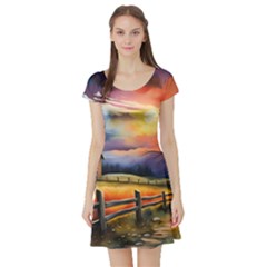 Rural Farm Fence Pathway Sunset Short Sleeve Skater Dress