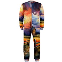 Rural Farm Fence Pathway Sunset Onepiece Jumpsuit (men) by Bedest