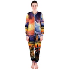 Rural Farm Fence Pathway Sunset Onepiece Jumpsuit (ladies) by Bedest