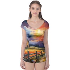 Rural Farm Fence Pathway Sunset Boyleg Leotard  by Bedest