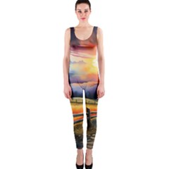 Rural Farm Fence Pathway Sunset One Piece Catsuit by Bedest