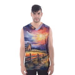 Rural Farm Fence Pathway Sunset Men s Basketball Tank Top