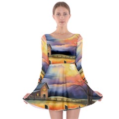 Rural Farm Fence Pathway Sunset Long Sleeve Skater Dress by Bedest