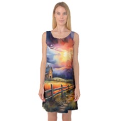 Rural Farm Fence Pathway Sunset Sleeveless Satin Nightdress