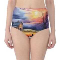 Rural Farm Fence Pathway Sunset Classic High-Waist Bikini Bottoms