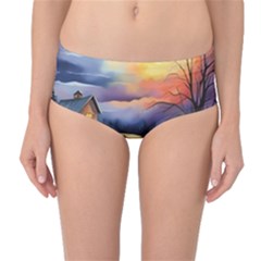 Rural Farm Fence Pathway Sunset Mid-Waist Bikini Bottoms