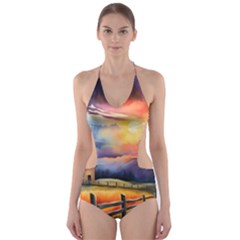 Rural Farm Fence Pathway Sunset Cut-out One Piece Swimsuit by Bedest