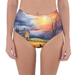 Rural Farm Fence Pathway Sunset Reversible High-Waist Bikini Bottoms