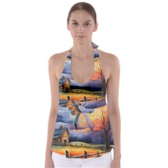 Rural Farm Fence Pathway Sunset Tie Back Tankini Top