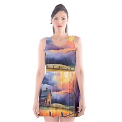 Rural Farm Fence Pathway Sunset Scoop Neck Skater Dress