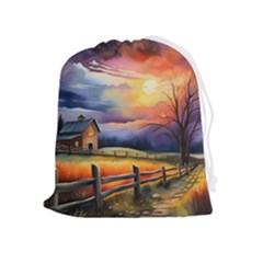 Rural Farm Fence Pathway Sunset Drawstring Pouch (XL)