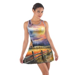 Rural Farm Fence Pathway Sunset Cotton Racerback Dress by Bedest