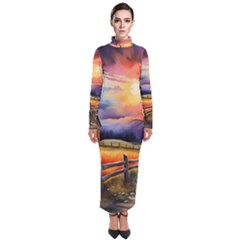 Rural Farm Fence Pathway Sunset Turtleneck Maxi Dress