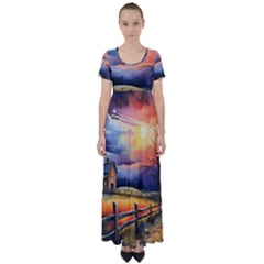 Rural Farm Fence Pathway Sunset High Waist Short Sleeve Maxi Dress