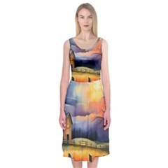 Rural Farm Fence Pathway Sunset Midi Sleeveless Dress