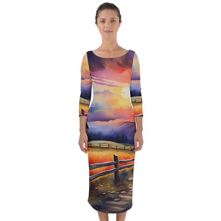 Rural Farm Fence Pathway Sunset Quarter Sleeve Midi Bodycon Dress