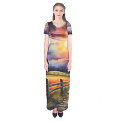 Rural Farm Fence Pathway Sunset Short Sleeve Maxi Dress by Bedest