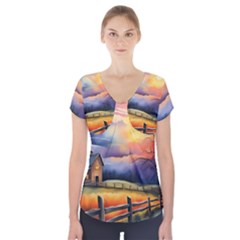 Rural Farm Fence Pathway Sunset Short Sleeve Front Detail Top by Bedest