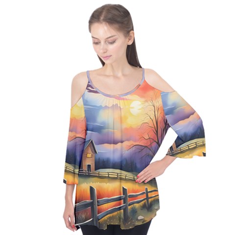 Rural Farm Fence Pathway Sunset Flutter Sleeve T-shirt  by Bedest