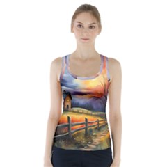 Rural Farm Fence Pathway Sunset Racer Back Sports Top