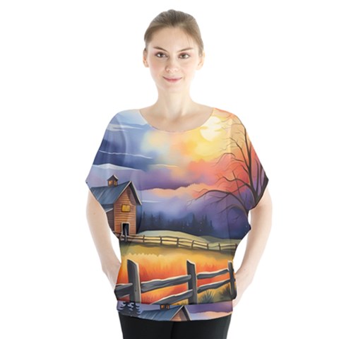 Rural Farm Fence Pathway Sunset Batwing Chiffon Blouse by Bedest