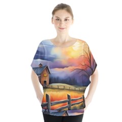 Rural Farm Fence Pathway Sunset Batwing Chiffon Blouse