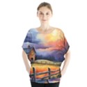 Rural Farm Fence Pathway Sunset Batwing Chiffon Blouse View1