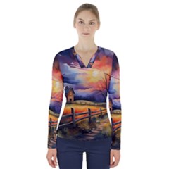 Rural Farm Fence Pathway Sunset V-neck Long Sleeve Top by Bedest