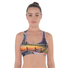 Rural Farm Fence Pathway Sunset Cross Back Sports Bra