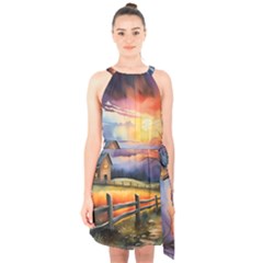 Rural Farm Fence Pathway Sunset Halter Collar Waist Tie Chiffon Dress