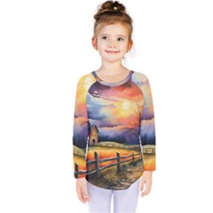 Rural Farm Fence Pathway Sunset Kids  Long Sleeve T-Shirt