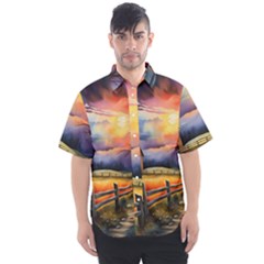 Rural Farm Fence Pathway Sunset Men s Short Sleeve Shirt