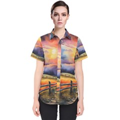 Rural Farm Fence Pathway Sunset Women s Short Sleeve Shirt