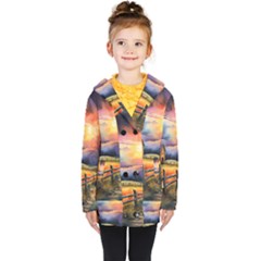 Rural Farm Fence Pathway Sunset Kids  Double Breasted Button Coat