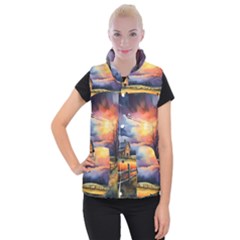 Rural Farm Fence Pathway Sunset Women s Button Up Vest