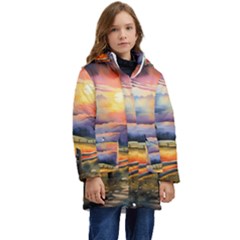 Rural Farm Fence Pathway Sunset Kids  Hooded Longline Puffer Jacket