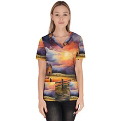 Rural Farm Fence Pathway Sunset Women s V-Neck Scrub Top