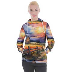 Rural Farm Fence Pathway Sunset Women s Hooded Pullover