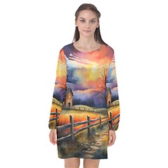 Rural Farm Fence Pathway Sunset Long Sleeve Chiffon Shift Dress 