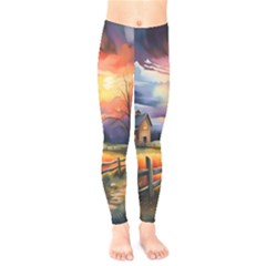 Rural Farm Fence Pathway Sunset Kids  Leggings by Bedest