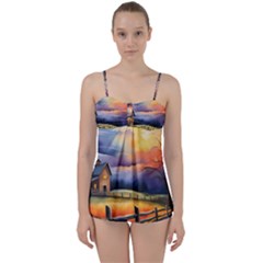 Rural Farm Fence Pathway Sunset Babydoll Tankini Set