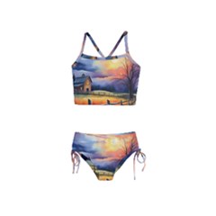 Rural Farm Fence Pathway Sunset Girls  Tankini Swimsuit